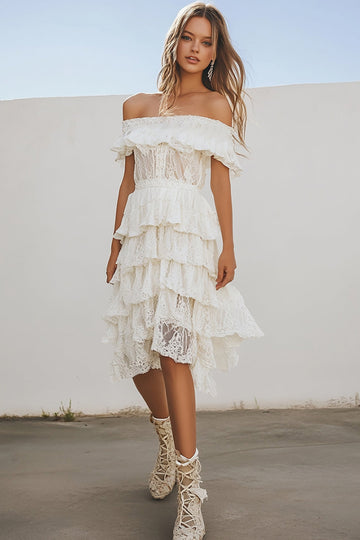 White Lace Tiered Off the Shoulder A Line Graduation Dress